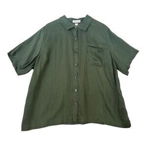 Coldwater Creek 2X 100% Linen Forest Green Button Up Shirt Coastal Lagenlook